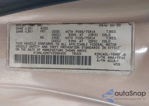 2000 Toyota Tacoma из США, поврежденный, VIN 4TANL42N7YZ596420